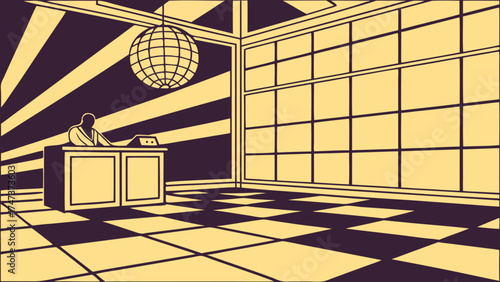 Retro interior design illustration minimalist style DJ at console disco ball checkered floor large window graphic art vintage style stylish room modern art simple design abstract art.
