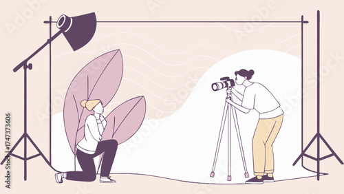 Studio Photography Session Photographer with Model Photo Shoot Illustration DSLR Camera Lighting Equipment Backdrop Stylish Pose Professional Photography Creative Concept Fashion Photogr.