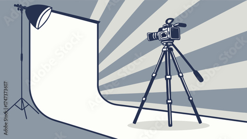 Studio Photography Setup Camera on Tripod with Lighting and Backdrop.