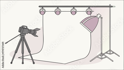 Studio Photography Setup Camera Lights and Backdrop Illustration.