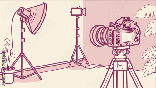 Studio Photography Setup DSLR Camera on Tripod with Lighting Equipment Illustration.