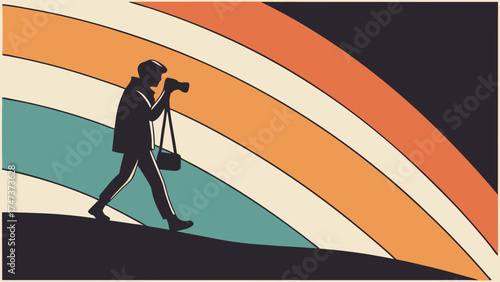 Retro Photographer Silhouette Walking on Hill with Colorful Stripes Background.