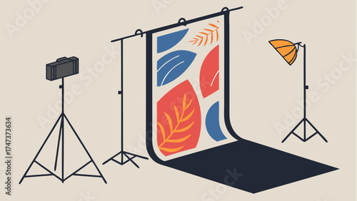Studio Photography Setup with Abstract Backdrop Lighting Equipment and Camera on Tripod.