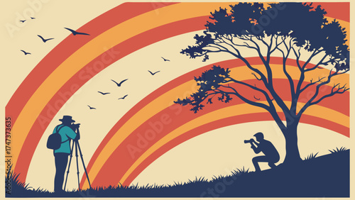 Retro Photography Silhouette with Rainbow Background Nature and Landscape Illustration.