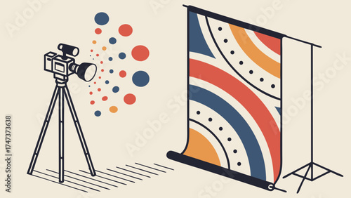 Studio Photography Setup with Camera on Tripod and Abstract Backdrop.