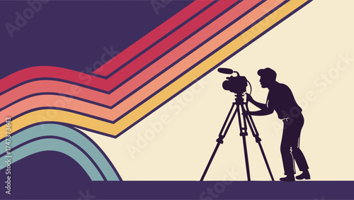 Retro Silhouette of a Cameraman with Camera on Tripod Against Colorful Background.