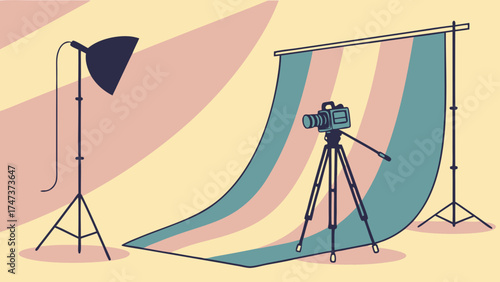 Studio Photography Setup with Camera on Tripod and Lighting Equipment.