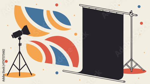 Studio Photography Setup with Lighting and Backdrop Modern Minimalist Design Illustration.