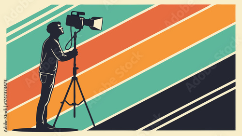 Retro Style Filmmaker with Camera on Tripod Colorful Stripes Background.