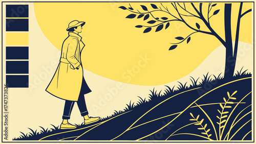 Stylish Person Walking on a Hill Minimalist Vector Illustration Yellow and Blue Color Palette.
