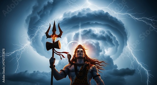 Lord Shiva with trident against stormy sky and lightning