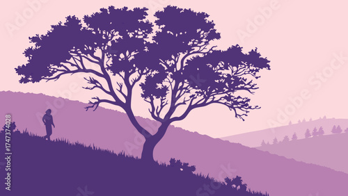 Serene landscape with a lone figure walking near a large tree and rolling hills at dusk.