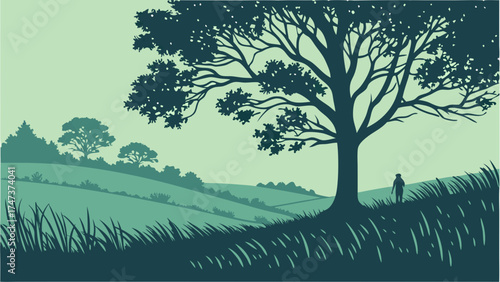 Serene Landscape Silhouette Person Standing by Tree in Rolling Hills Green Meadow Nature Illustration Vector Art.