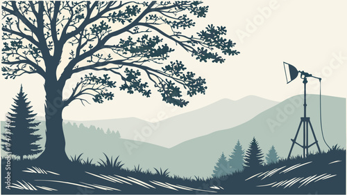 Serene Mountain Landscape with Studio Lighting Setup Perfect for Nature Photography and Environmental Projects.