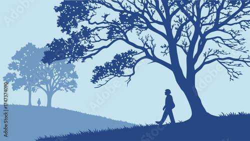 Serene Silhouette of Person Walking in a Peaceful Landscape with Trees.