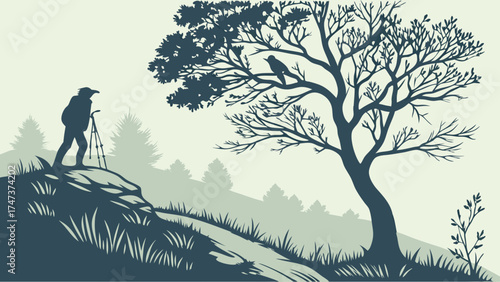 Silhouette of a hiker with a tripod on a hill observing a bird perched on a tree nature illustration.