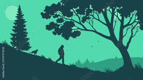 Silhouette of a person hiking with a dog in a forest landscape at dusk or dawn.