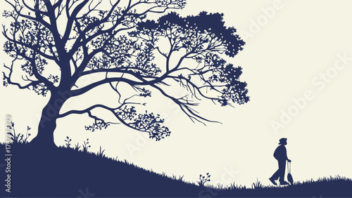Silhouette of a person walking past a large tree in a field illustration nature scene vector art graphic design.