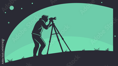 Silhouette of a Photographer Using a Tripod at Night Capturing a Scenic View.