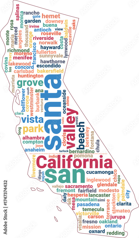 Obraz premium California State Map Word Cloud Featuring Major Cities Los Angeles San Francisco San Diego