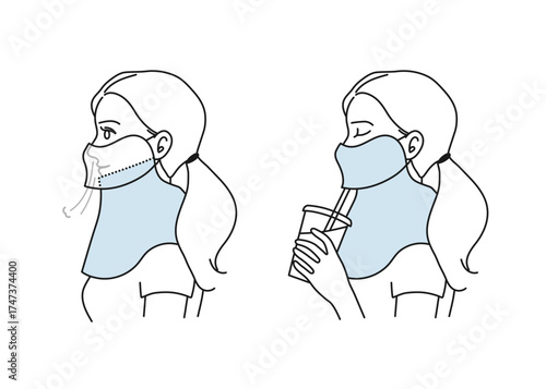 Woman wearing UV protection face cover mask illustration showing breathable two-layer mask design for easy drinking with straw