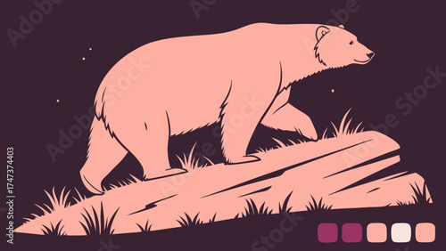 Stylized Bear Illustration Wildlife Art Nature Graphic Pink and Brown Color Palette Animal Silhouette Vector Illustration Flat Design Nature Print Wild Animal Design Bear on Rock.