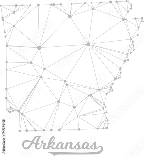 Arkansas State Map outline featuring a geometric network of interconnected grey dots and lines