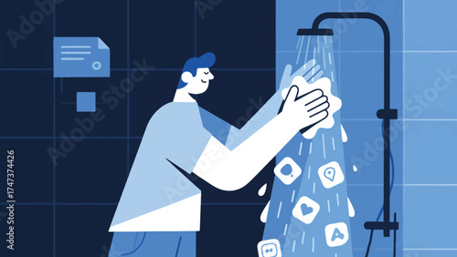 illustration of visual representation of a digital cleanse where the user is literally washing away the built-up gunk (old notifications, unused apps) in a shower.eps