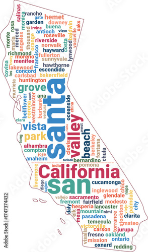 California State Map Word Cloud Featuring Major Cities Los Angeles San Francisco San Diego