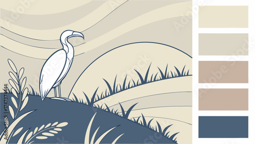 Stylized Bird in Grassy Landscape Nature Illustration Calm Colors Minimalist Design Vector Art.