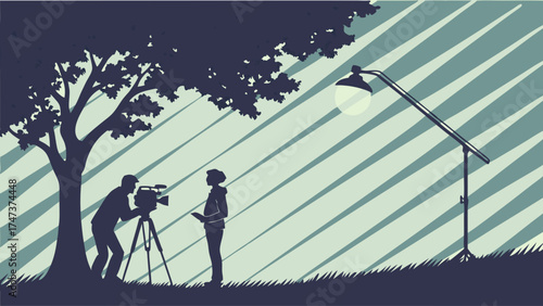 Silhouette of Film Crew Filming Interview Under Tree with Lighting Setup.
