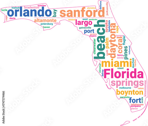 Florida State Map word cloud filled with Major Cities Jacksonville Miami Tampa Orlando St Petersburg and others