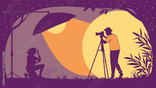 Silhouette of Photographer Shooting a Model Outdoors at Night with Studio Lighting.