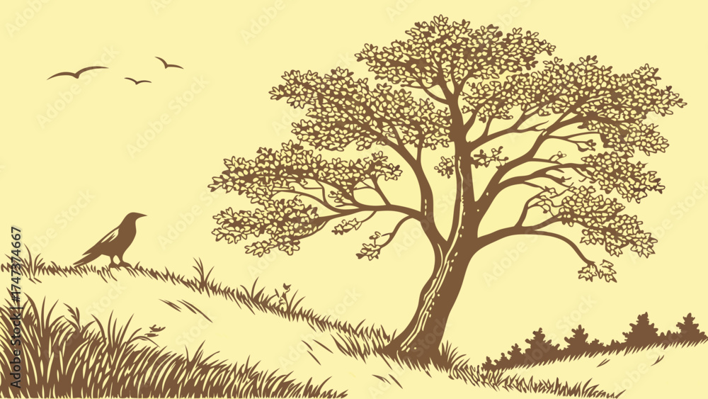 Fototapeta premium Stylized illustration of a bird tree and grassy landscape perfect for nature wildlife and environmental themes.