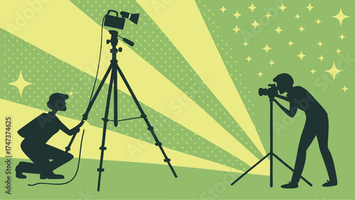 Silhouette of two photographers working on a photo shoot with cameras and tripods on a stylized background.