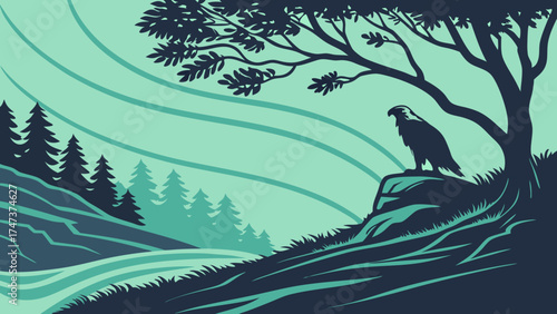 Stylized illustration of a bird of prey perched on a rock overlooking a forest and river.