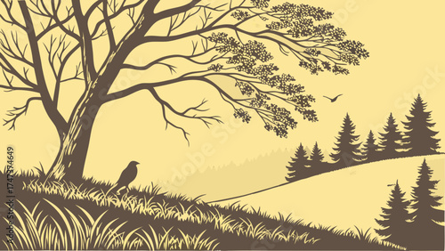 Stylized illustration of a bird tree and forest landscape nature scene whimsical artwork.