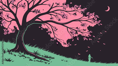 Stylized illustration of a blooming tree at night featuring a lone figure and falling petals.