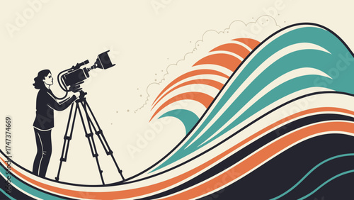 Stylized illustration of a filmmaker with a camera and tripod against an abstract wave background.