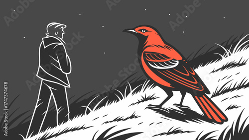 Stylized illustration of a person observing a bird at night.