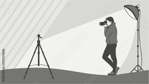 Studio Photographer Taking Photos with Lighting Equipment and Tripod Photography Photo Shoot DSLR Camera Illustration.