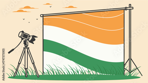 Studio Photography Setup with Tri-Color Backdrop Camera on Tripod Outdoor Scene Graphic Design Element.