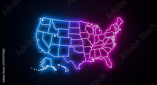 USA map glowing neon lights, divided political concept