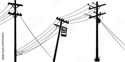 Silhouette of leaning utility pole, sagging wires, for sale sign, urban infrastructure, decay, black white contrast
