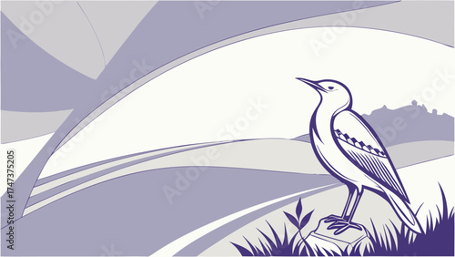Stylized Bird on a Hillside Nature Illustration Vector Graphic.