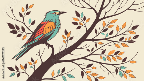Stylized Bird on Branch with Autumn Leaves Nature Illustration for Design and Print.