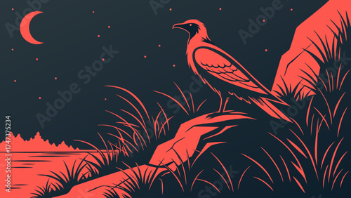 Stylized bird silhouette at night overlooking water vector graphic illustration.