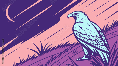 Stylized Eagle at Dusk Bird of Prey Vector Illustration Night Sky Background.