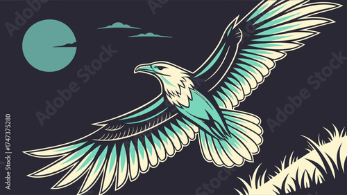 Stylized Eagle in Flight at Night Bird of Prey Vector Illustration Wildlife Art.