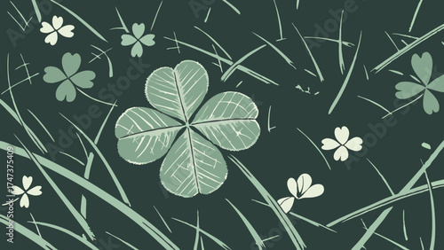 Stylized Four-Leaf Clover and Grass Pattern Nature-Inspired Design for Print and Web.